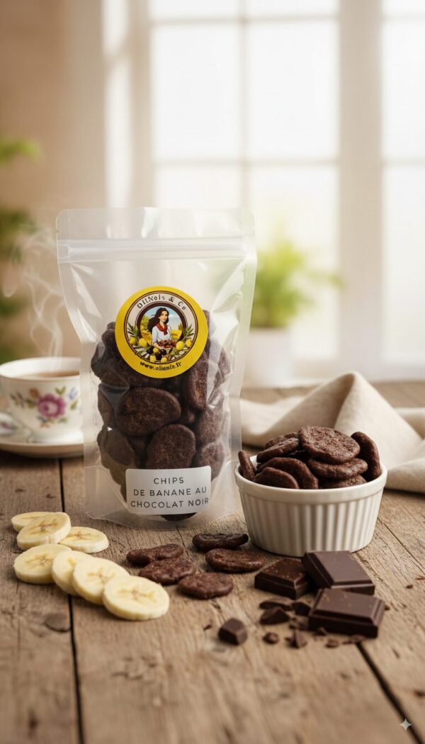 Chips de banane au chocolat noir